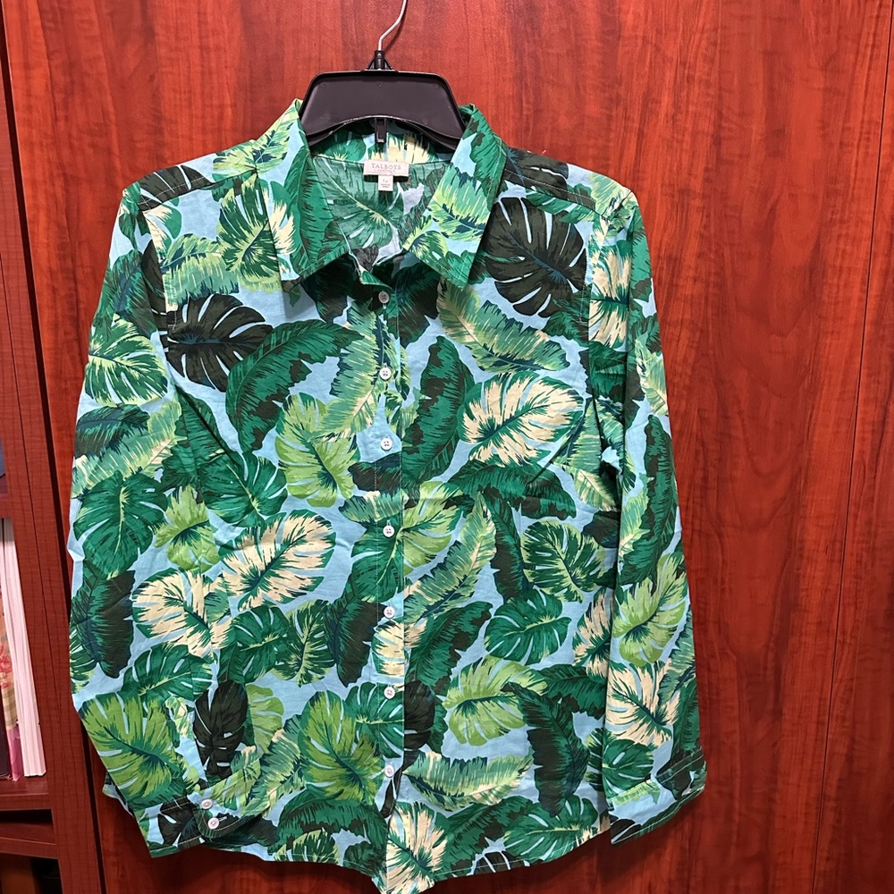 Talbots Tropical Green Leaf Print Shirt Lightweight Cotton